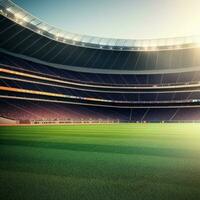 Soccer stadium with green field. Generative AI photo