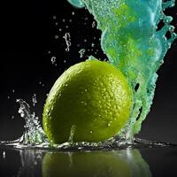 Amazing Lime with water splash and drops isolated, generative ai photo