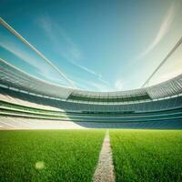 Soccer stadium with green field. Generative AI photo