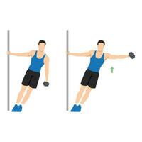 Man doing leaning one arm or single handed dumbbell lateral raise exercise. vector