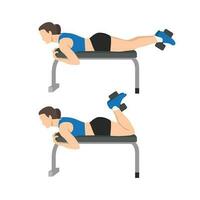 Woman doing Dumbbell Hamstring Curl on Bench exercise. vector