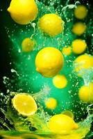 Flying a Leamon slices with water splashing, photo