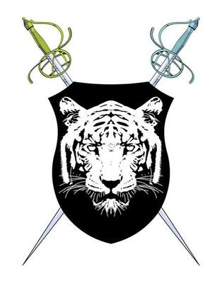 T-shirt design of a medieval shield with a tiger head. Vector illustration of heraldic themes