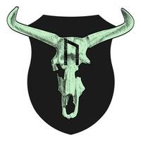 Design for t-shirt of skeleton with horn on black shield. Runic letter called Uruz next to the skeleton of a horned aurochs vector