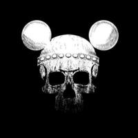 T-shirt design of a skull with two mouse ears isolated on black. Vector illustration for halloween