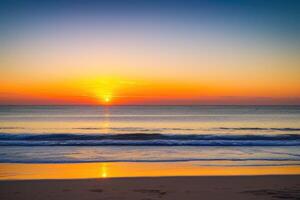 Closeup sea sand beach landscape with sunset sky. Generative AI photo