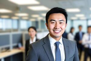 Young smart businessman, standing in blur background of office. generative AI photo