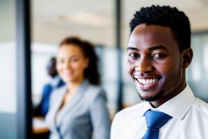 Young smart businessman, standing in blur background of office. generative AI photo