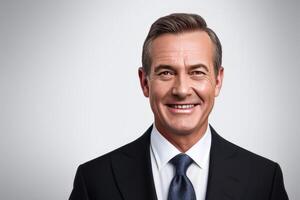 Smiling businessman, standing in blur background of office. photo