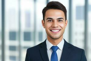 Young smart businessman, standing in blur background of office. generative AI photo