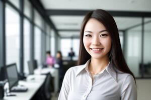 Young smart businesswoman, standing in blur background of office. generative AI photo