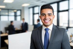 Young smart businessman, standing in blur background of office. generative AI photo