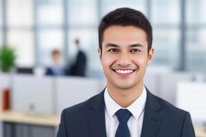 Young smart businessman, standing in blur background of office. generative AI photo