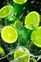 Flying a lime slices with water splashing, generative ai photo