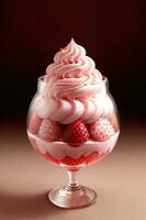 Ice cream sundae with strawberry sauce in glass. Generative AI photo