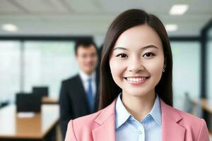 Young smart businesswoman, standing in blur background of office. generative AI photo