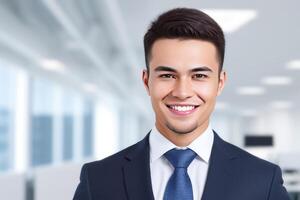 Young smart businessman, standing in blur background of office. generative AI photo