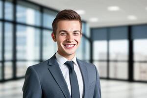 Young smart businessman, standing in blur background of office. generative AI photo