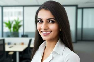 Young smart businesswoman, standing in blur background of office. generative AI photo