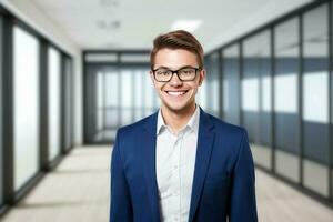 Young smart businessman, standing in blur background of office. generative AI photo