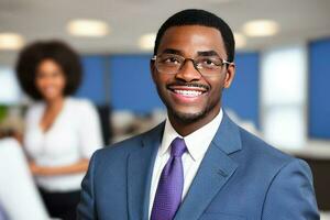 Young smart businessman, standing in blur background of office. generative AI photo