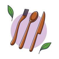 Reusable wooden cutlery icon. Sustainable lifestyle, zero waste, ecological concept. Vector illustration in doodle style. Recycling, waste management, ecology, sustainability.