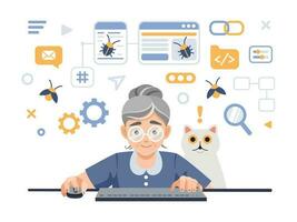 Programmer tester female character cartoon illustration. Elderly programmer tester at computer, finding program bugs. vector