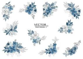 Set of beautiful blue watercolor florals branch vector