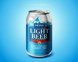 Light beer aluminium can package design on blue background in 3d illustration vector