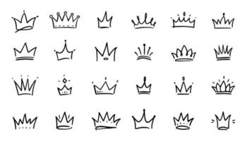 Doodle crown hand drawn set. Doodle princess crown, queen tiara. Line sketch royal element. Queen, king hand drawn simple design element. Isolated vector