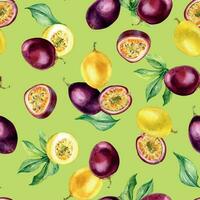 Various passion fruits on leaf watercolor seamless pattern isolated on green. Purple tropical whole, sliced maracuja hand drawn. Design for wrapping, package, textile, background, paper, tableware vector