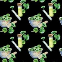 Centella asiatica, essential oils, stone bowl watercolor seamless pattern isolated on black. Mortar, glass flask, test tube, gotu kola hand drawn. Design for package, label, wrapping, background vector