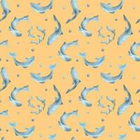 Fish silhouettes salmon, trout watercolor seamless pattern isolated on orange background. Swimming wild blue fish hand drawn. Design element for package, label, textile, wrapping, background, print vector