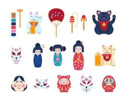 dibujos animados color japonés juguete icono colocar. vector