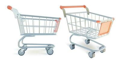 3d Different Metal Shopping Carts Set Plasticine Cartoon Style. Vector