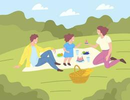 Cartoon Color Characters People Family with Kid on Summer Picnic. Vector
