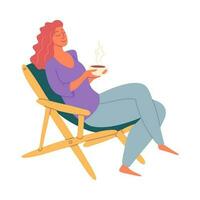 dibujos animados color personaje mujer sentado en silla y Bebiendo café. vector