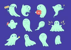 Cartoon Color Character Funny Happy Ghost Icon Set. Vector