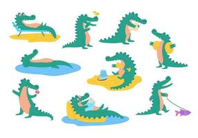 Cartoon Color Character Cute Crocodile Icon Set. Vector