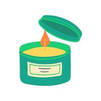 Cartoon Color Aromatherapy Concept Scented Wax Candle in a Glass Jar with Cap. Vector