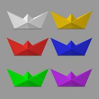 Realistic Detailed 3d Different Color Folded Paper Boat Set. Vector