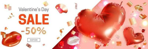 Valentines Day Sale Concept Banner Horizontal with Realistic Detailed 3d Elements. Vector