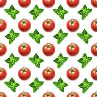 Realistic Detailed 3d Tomato and Basil Leaves Seamless Pattern Background. Vector