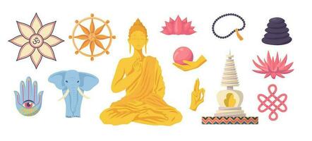 Cartoon Color Buddha Meditation Different Elements Set. Vector