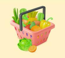 3d Shopping Basket with Different Fresh Vegetables and Fruits Cartoon Style. Vector