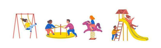 Cartoon Color Characters Kids Playing on Playground Set. Vector