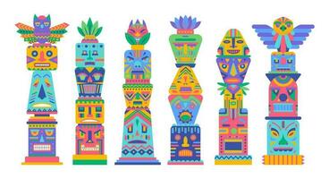 Cartoon Color Different Mask Totem Poles Set. Vector