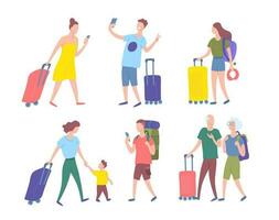 Cartoon Color Characters People Tourists with Luggage Travel Concept. Vector