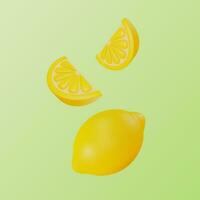 3d Fresco Fruta todo amarillo limón y rebanadas concepto volador efecto dibujos animados estilo. vector