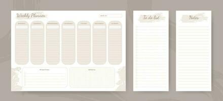 Week planner and to do list and notes pages set in pastel colors. Set for notes, notebooks, diary, organizer and schedule. vector